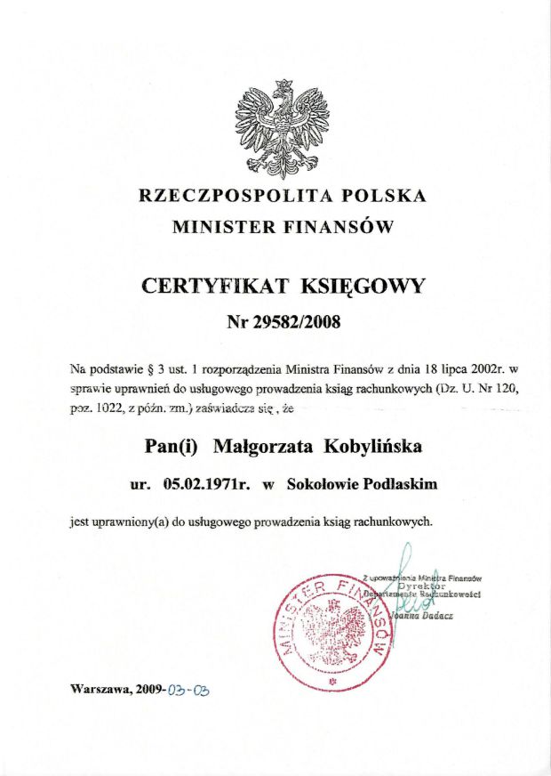 Certifkat Księgowy BOMA